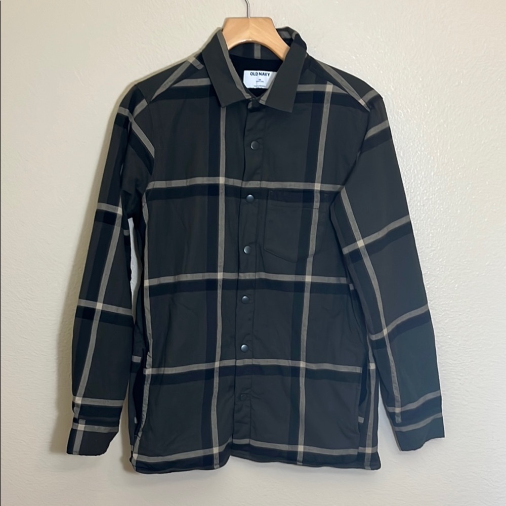 Old Navy Dark Green Plaid Snap Fleece Cozy-Lined Shacket Shirt Jacket